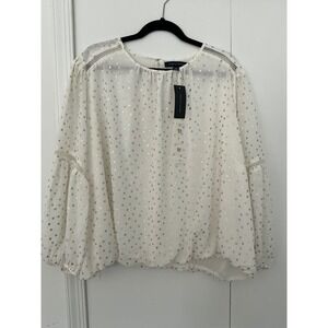 Tommy Hilfiger Womens 2X White Gold Polka Dot Balloon Sleeve Blouse W4XMR073 NEW